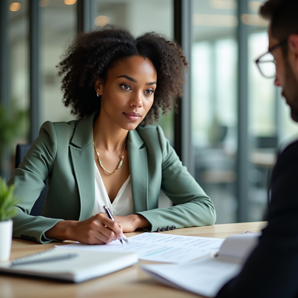 Financial advisor in a calm consultation session with a client reviewing documents