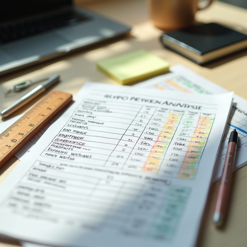 Vista detallada de categorías de gastos del hogar escritas en papel con organización por colores