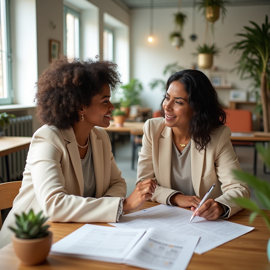 Advisor and client at a bright workspace discussing long-term financial habits and routines