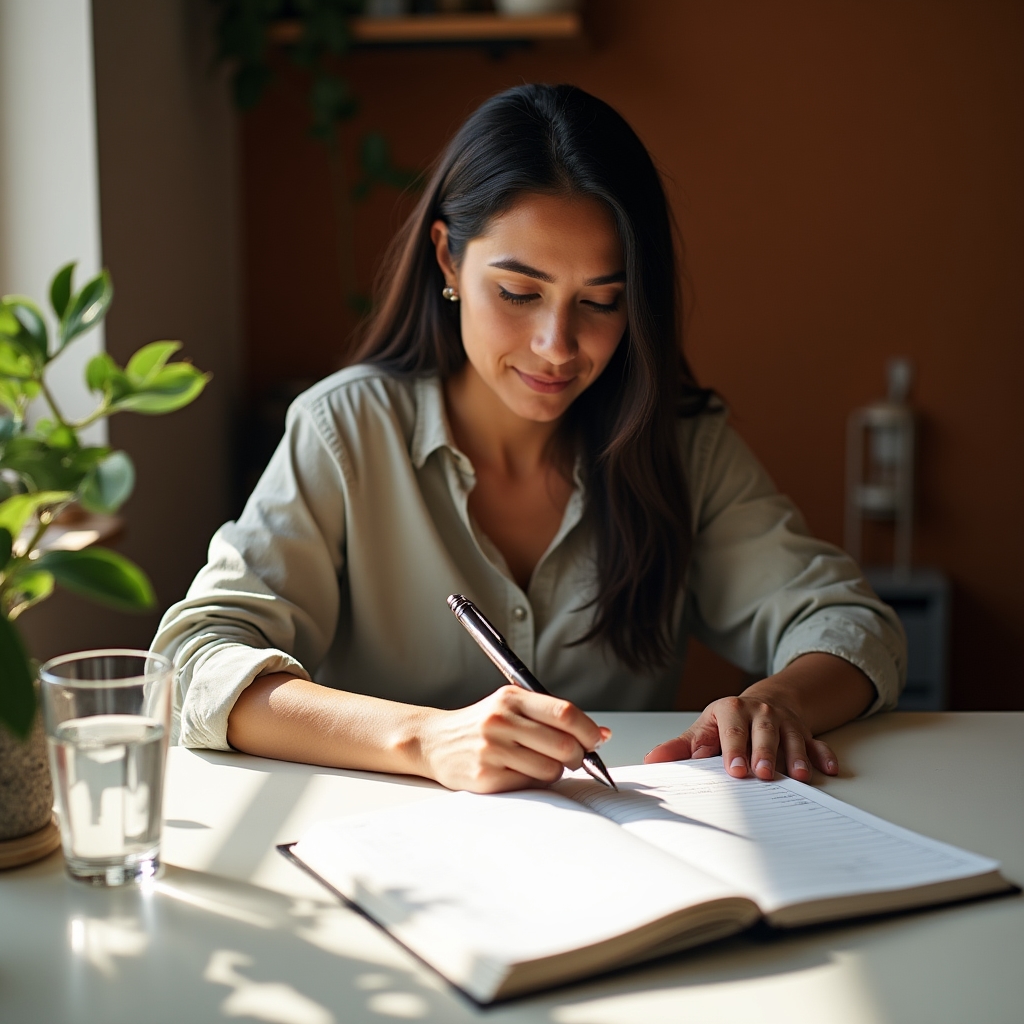 Persona escribiendo en un diario de seguimiento de hábitos financieros en un escritorio ordenado con luz natural