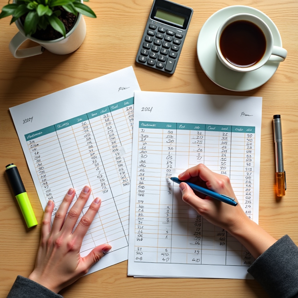 Person reviewing monthly household budget on paper with organized notes