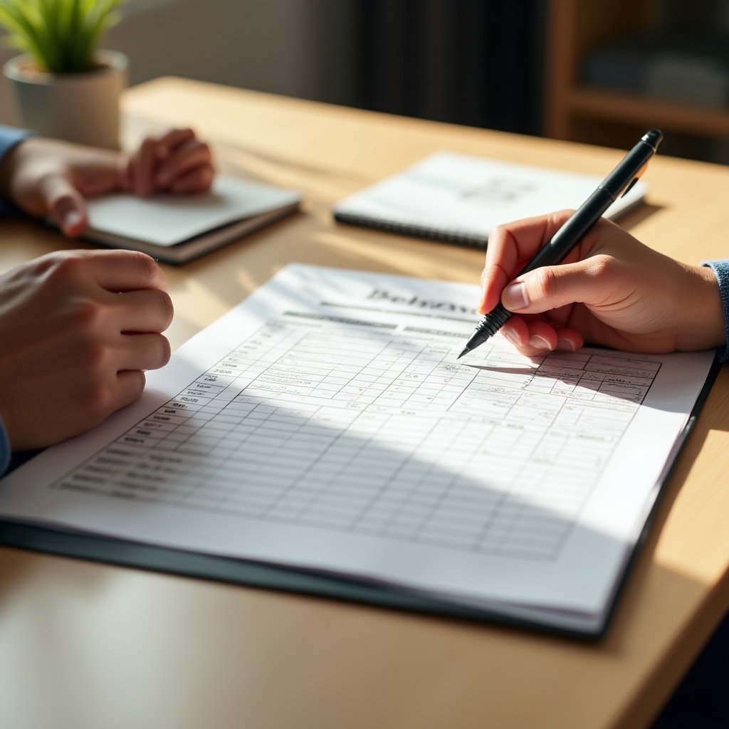 Primer plano de asesor financiero y cliente revisando un plan de presupuesto personalizado en un escritorio bien iluminado