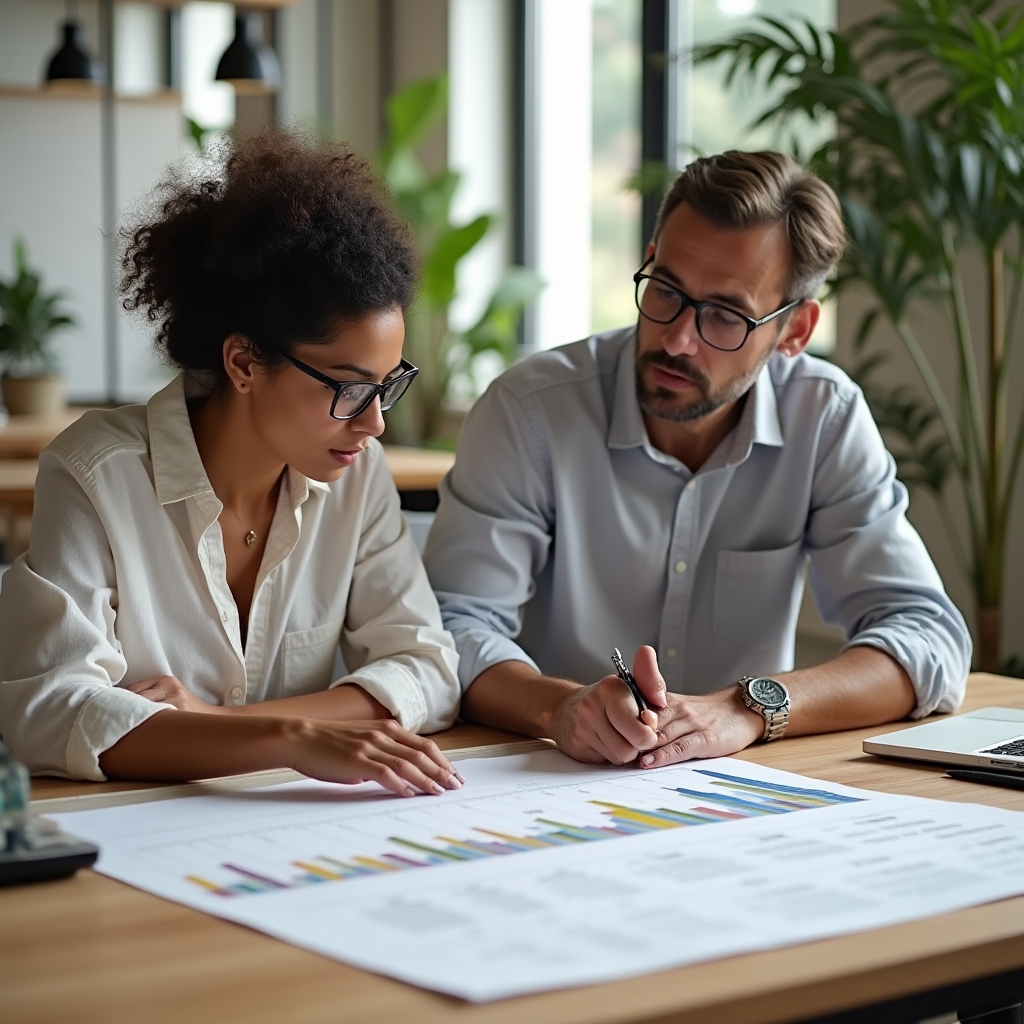 Two people at a desk discussing savings goals with charts and notebooks